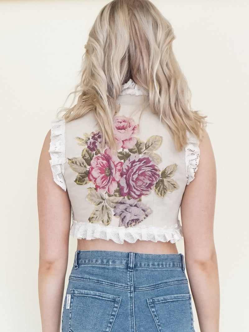 Patchwork Floral Vest Lace Ruffle Vest Top Tie Waist