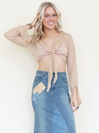 Sequin Silk Blouse Chiffon Taupe Gold Crop Blouse Vintage Y2k Tie Waist