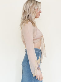 Sequin Silk Blouse Chiffon Taupe Gold Crop Blouse Vintage Y2k Tie Waist