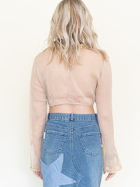 Sequin Silk Blouse Chiffon Taupe Gold Crop Blouse Vintage Y2k Tie Waist