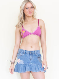 Patchwork Denim Floral Mini Skirt Pleated Low Waist Skirt