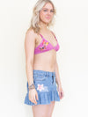Patchwork Denim Floral Mini Skirt Pleated Low Waist Skirt