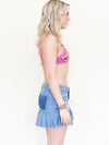 Patchwork Denim Floral Mini Skirt Pleated Low Waist Skirt