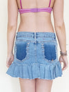 Patchwork Denim Floral Mini Skirt Pleated Low Waist Skirt