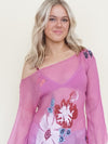 Floral Silk Blouse Pink Embroidered Sheer Shirt Vintage Asymmetric Blouse