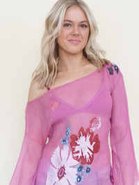Floral Silk Blouse Pink Embroidered Sheer Shirt Vintage Asymmetric Blouse