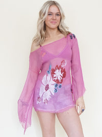 Floral Silk Blouse Pink Embroidered Sheer Shirt Vintage Asymmetric Blouse