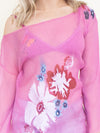 Floral Silk Blouse Pink Embroidered Sheer Shirt Vintage Asymmetric Blouse