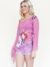Floral Silk Blouse Pink Embroidered Sheer Shirt Vintage Asymmetric Blouse