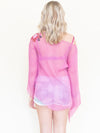 Floral Silk Blouse Pink Embroidered Sheer Shirt Vintage Asymmetric Blouse
