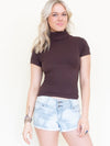 Brown Turtleneck Roll Neck Vintage Y2k Sweater Cap Sleeve Blouse