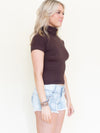 Brown Turtleneck Roll Neck Vintage Y2k Sweater Cap Sleeve Blouse