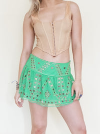 Beaded Sequin Low Rise Mini Skirt Green Gold Mesh Ruffle Skirt