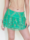Beaded Sequin Low Rise Mini Skirt Green Gold Mesh Ruffle Skirt