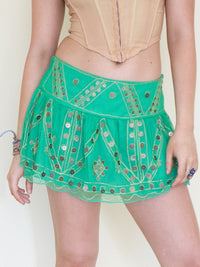 Beaded Sequin Low Rise Mini Skirt Green Gold Mesh Ruffle Skirt