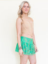 Beaded Sequin Low Rise Mini Skirt Green Gold Mesh Ruffle Skirt
