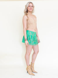 Beaded Sequin Low Rise Mini Skirt Green Gold Mesh Ruffle Skirt
