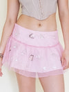 Beaded Sequin Skirt Low Rise Mini Skirt Pink Mesh Iridescent Ruffles