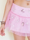 Beaded Sequin Skirt Low Rise Mini Skirt Pink Mesh Iridescent Ruffles