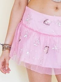 Beaded Sequin Skirt Low Rise Mini Skirt Pink Mesh Iridescent Ruffles