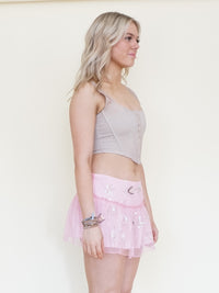 Beaded Sequin Skirt Low Rise Mini Skirt Pink Mesh Iridescent Ruffles