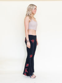 Rose Patchwork Jeans Flared Bell Bottom Boho Denim Jeans Low Rise Floral Jeans