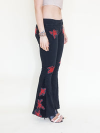 Rose Patchwork Jeans Flared Bell Bottom Boho Denim Jeans Low Rise Floral Jeans