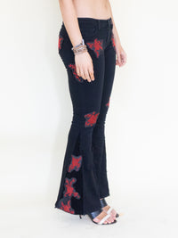 Rose Patchwork Jeans Flared Bell Bottom Boho Denim Jeans Low Rise Floral Jeans