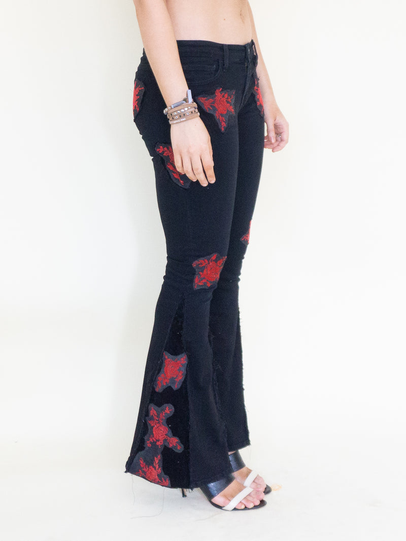 Rose Patchwork Jeans Flared Bell Bottom Boho Denim Jeans Low Rise Floral Jeans