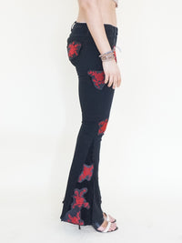 Rose Patchwork Jeans Flared Bell Bottom Boho Denim Jeans Low Rise Floral Jeans
