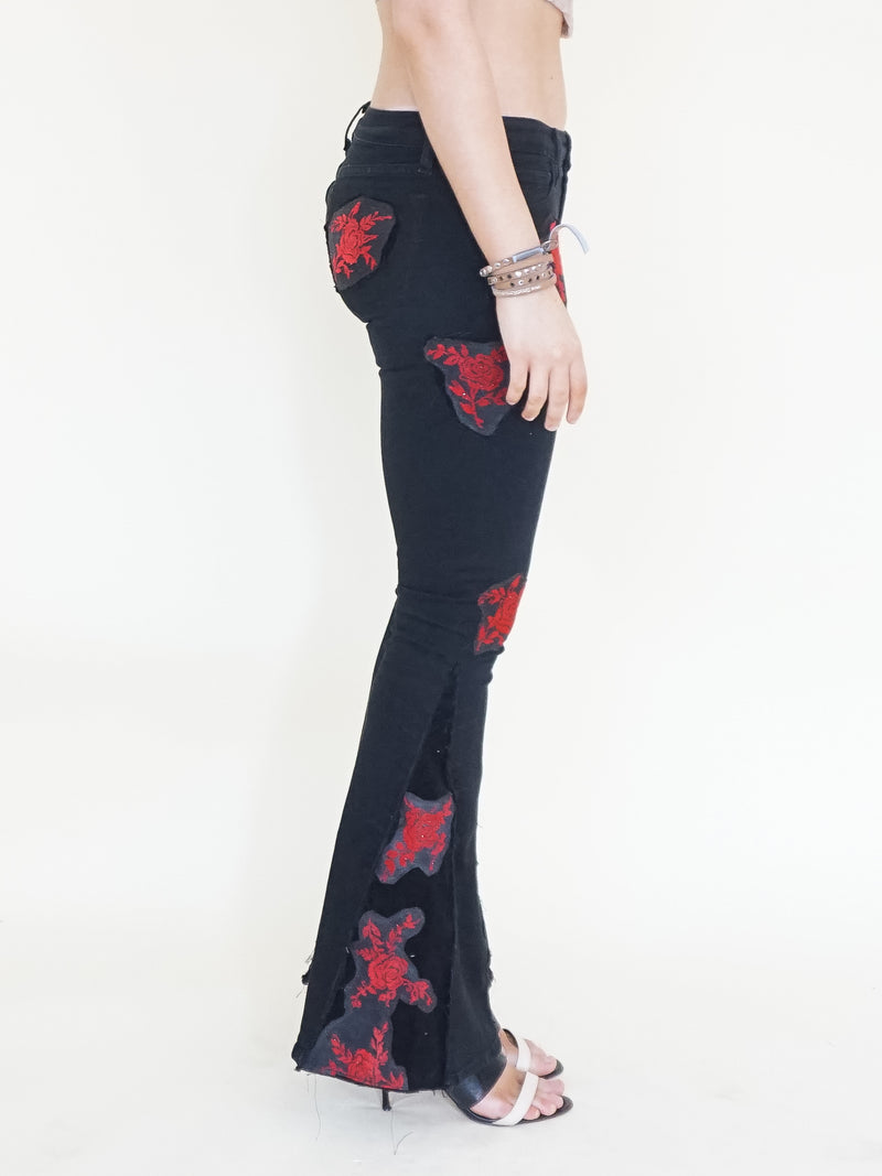 Rose Patchwork Jeans Flared Bell Bottom Boho Denim Jeans Low Rise Floral Jeans