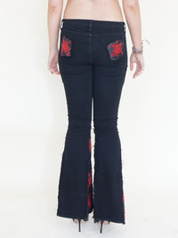 Rose Patchwork Jeans Flared Bell Bottom Boho Denim Jeans Low Rise Floral Jeans