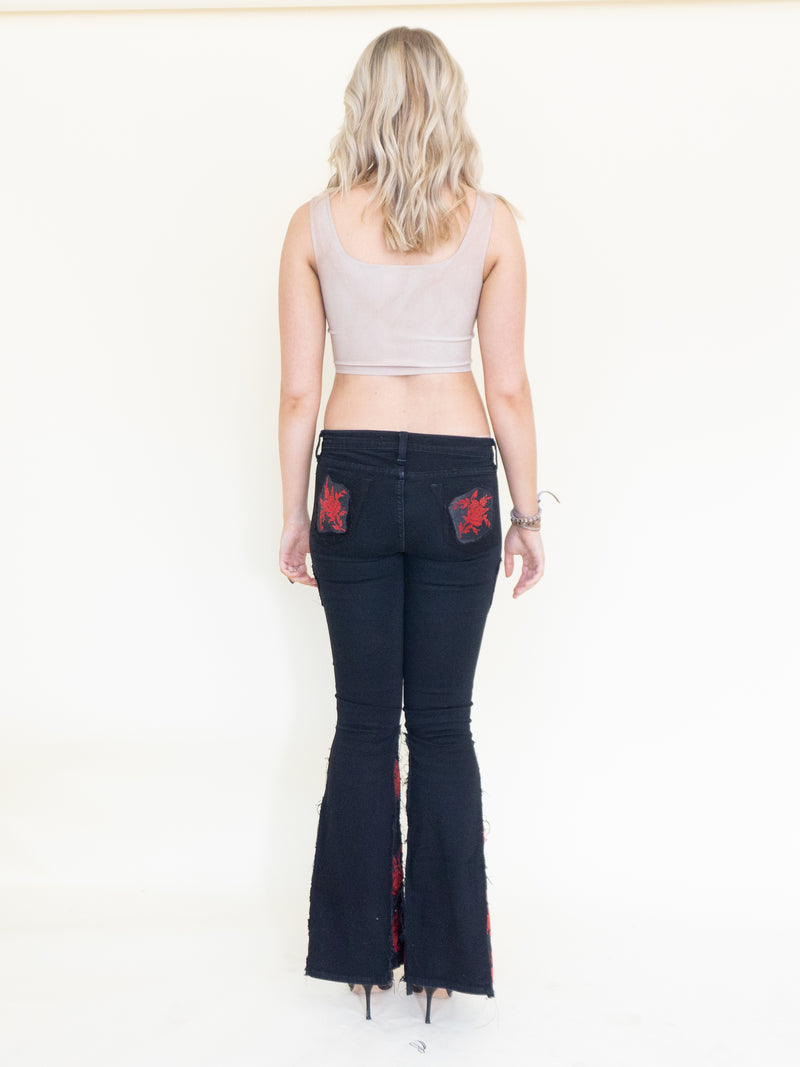 Rose Patchwork Jeans Flared Bell Bottom Boho Denim Jeans Low Rise Floral Jeans