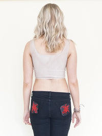 Rose Patchwork Jeans Flared Bell Bottom Boho Denim Jeans Low Rise Floral Jeans