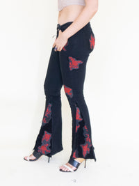 Rose Patchwork Jeans Flared Bell Bottom Boho Denim Jeans Low Rise Floral Jeans