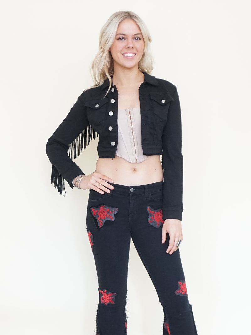 Rose Patchwork Jeans Flared Bell Bottom Boho Denim Jeans Low Rise Floral Jeans