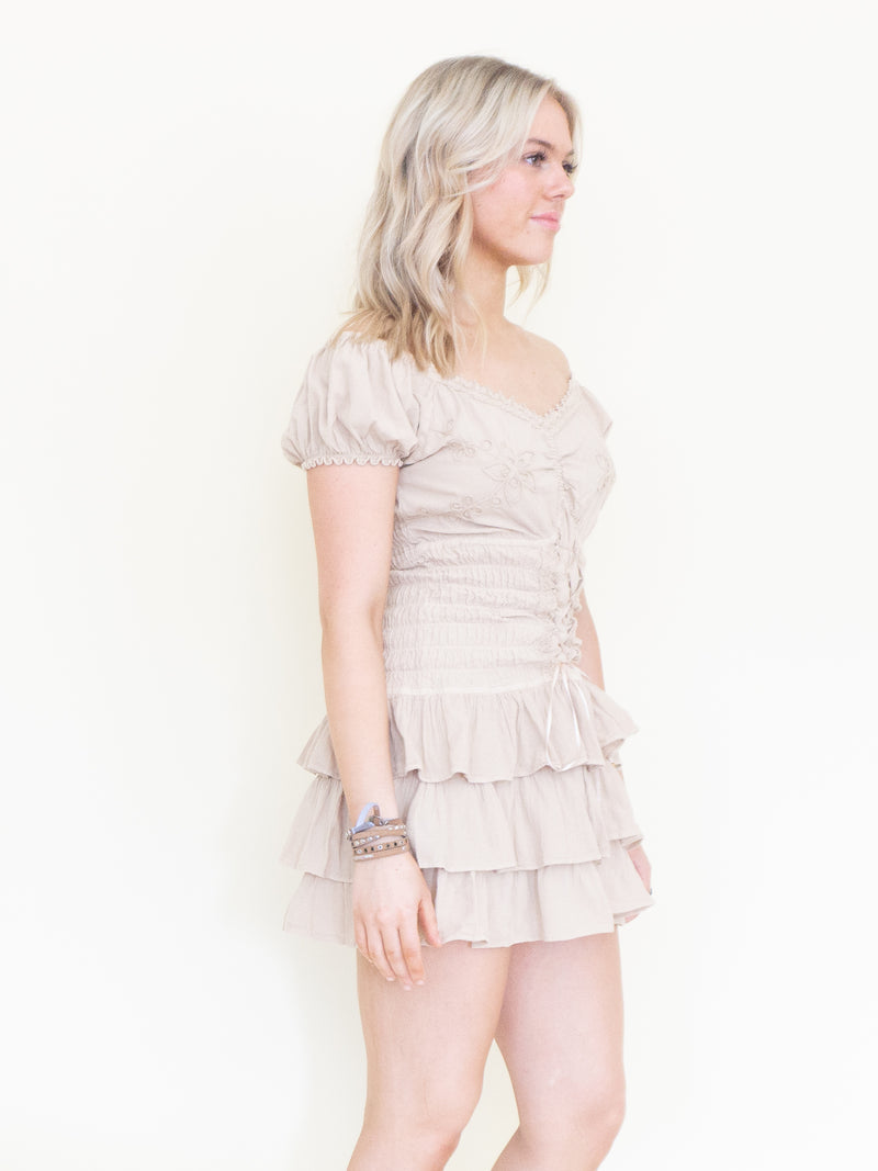 Corset Ruffle Dress Off The Shoulder Boho Mini Dress Cinched Waist