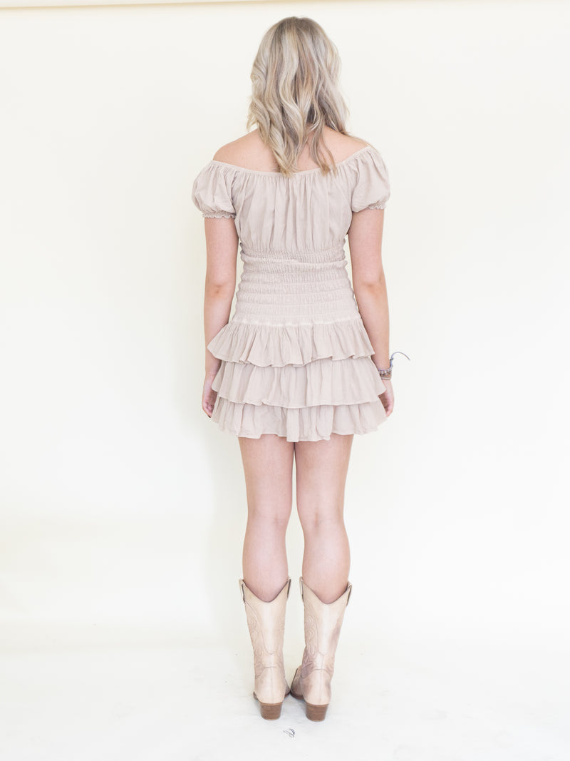 Corset Ruffle Dress Off The Shoulder Boho Mini Dress Cinched Waist
