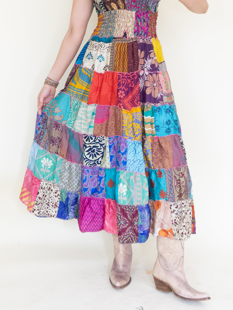 Patchwork Ruffle Summer Dress Hippie Boho Floral Dress Tie Shoulder