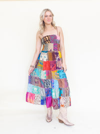 Patchwork Ruffle Summer Dress Hippie Boho Floral Dress Tie Shoulder