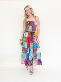 Patchwork Ruffle Summer Dress Hippie Boho Floral Dress Tie Shoulder