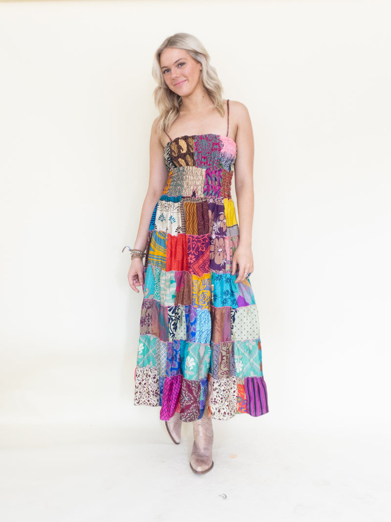 Patchwork Ruffle Summer Dress Hippie Boho Floral Dress Tie Shoulder