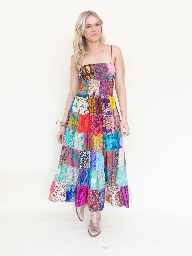 Patchwork Ruffle Summer Dress Hippie Boho Floral Dress Tie Shoulder