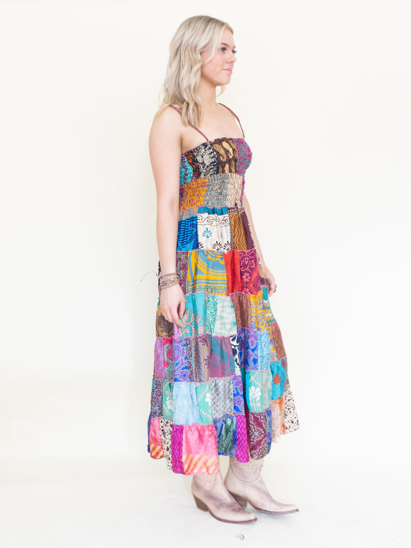Patchwork Ruffle Summer Dress Hippie Boho Floral Dress Tie Shoulder