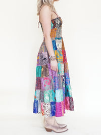 Patchwork Ruffle Summer Dress Hippie Boho Floral Dress Tie Shoulder