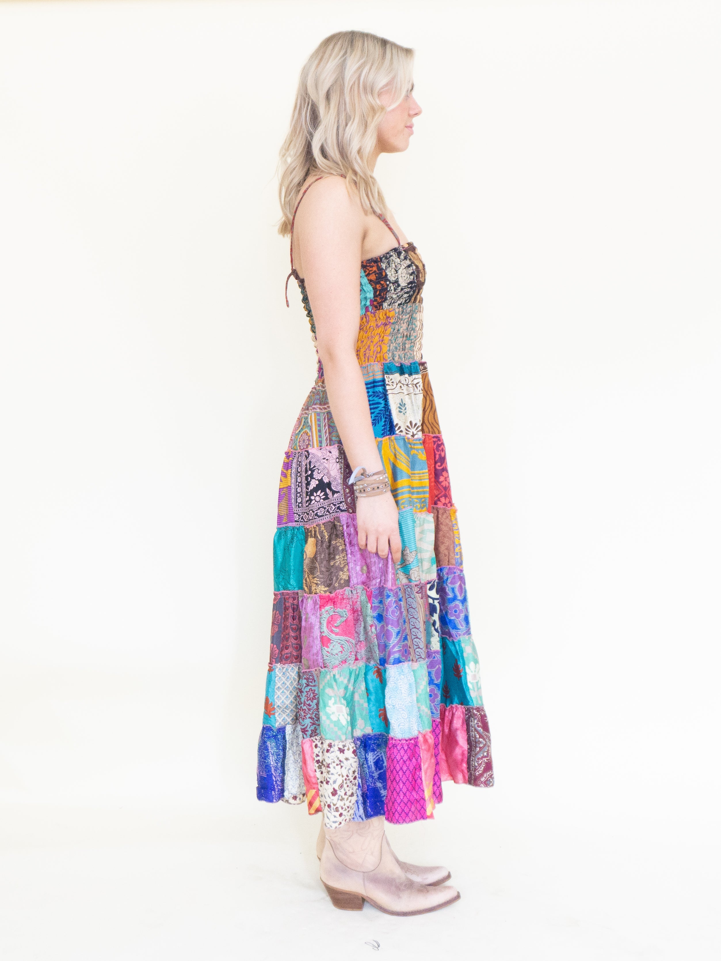 Patchwork Ruffle Summer Dress Hippie Boho Floral Dress Tie