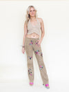 Floral Suede Rhinestone Jeans Beaded Embroidered Leather Pants Vintage Low Rise