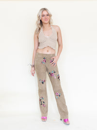 Floral Suede Rhinestone Jeans Beaded Embroidered Leather Pants Vintage Low Rise