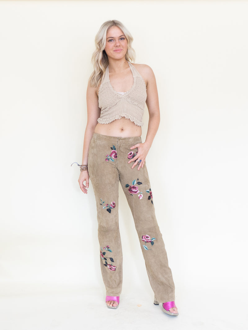 Floral Suede Rhinestone Jeans Beaded Embroidered Leather Pants Vintage Low Rise