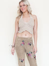 Floral Suede Rhinestone Jeans Beaded Embroidered Leather Pants Vintage Low Rise